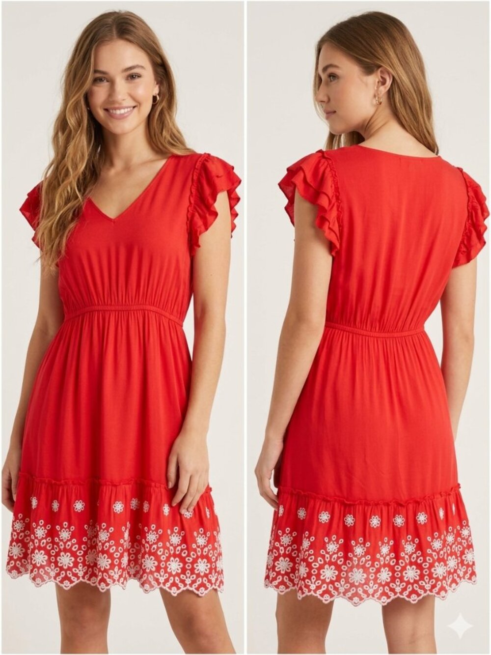 SOLITAIRE Red Summer Dress Women’s Size Medium Boho Eyelet Hem Ruffle Sleeve